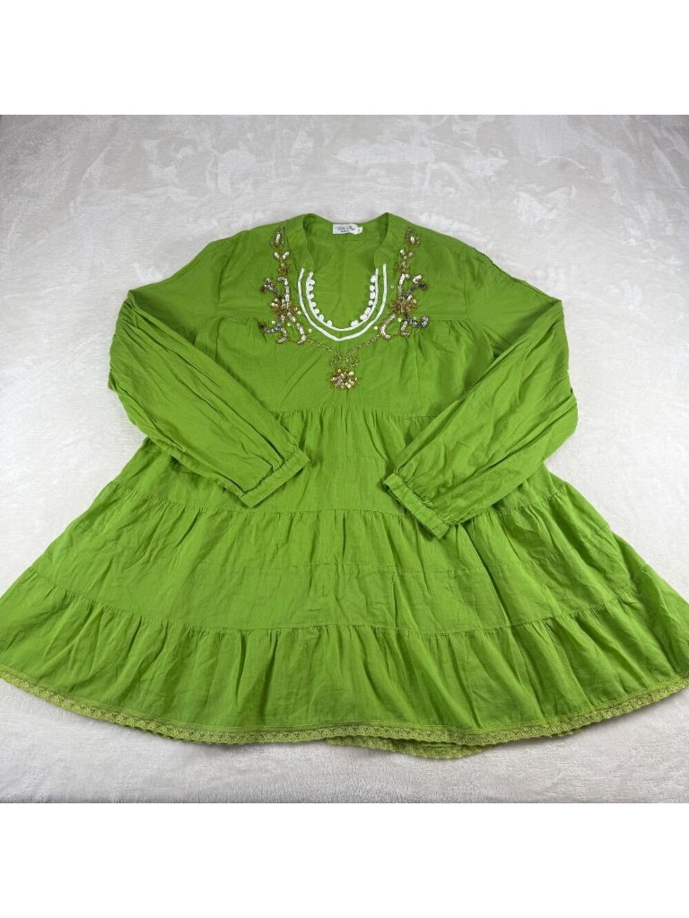 Tasha Polizzi Tiered Boho Tunic Blouse Beaded Embroidered Womens M Green